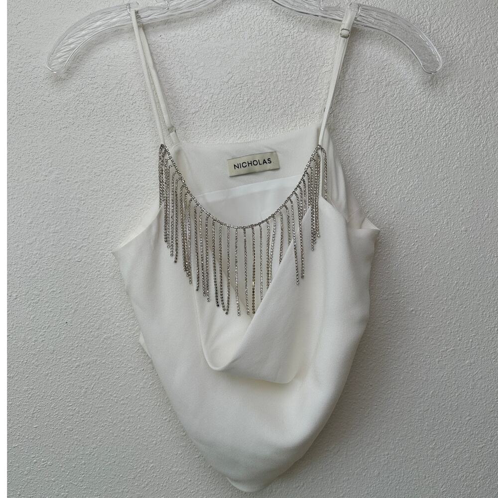Nicholas Rhinestone Fringe Cowl Neck Ivory Crop Top – Women’s M